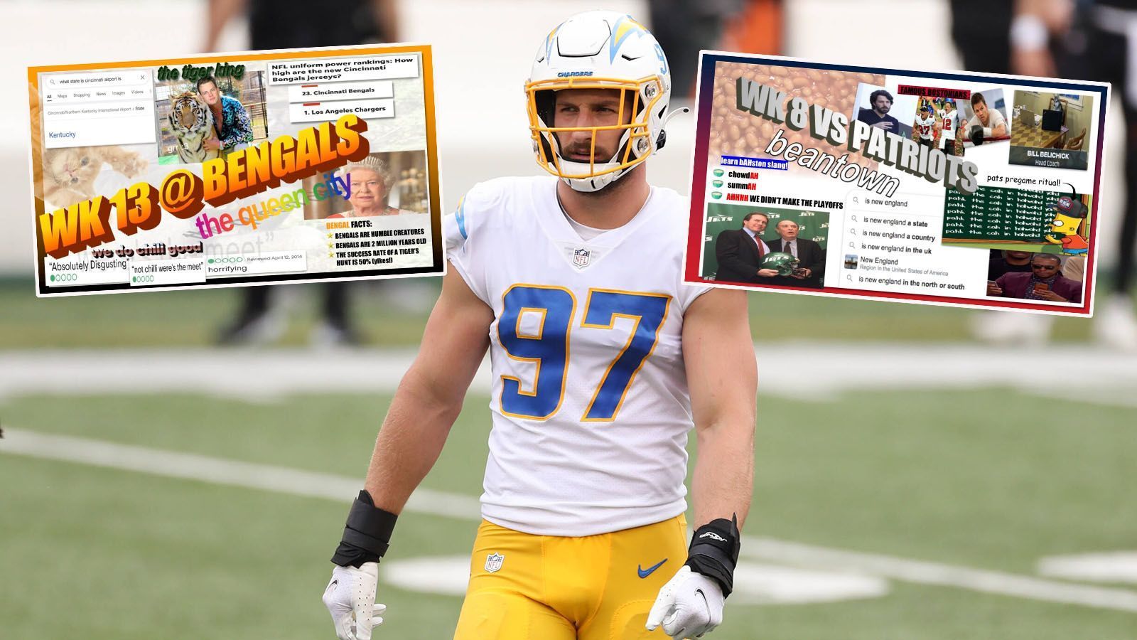 
                <strong>Die verrückte Spielplan-Präsentation von Joey Bosa und den Chargers</strong><br>
                Jedes Jahr lassen sich die NFL-Teams etwas einfallen, um den Spielplan für die kommende Saison zu präsentieren. Besonders ins Zeug gelegt hat sich in diesem Jahr Defensive End Joey Bosa von den Los Angeles Chargers. Er hat eine Powerpoint-Präsentation gestaltet, um seinen Teamkollegen die Gegner vorzustellen. ran.de zeigt die Bilder von Bosas Präsentation. 
              