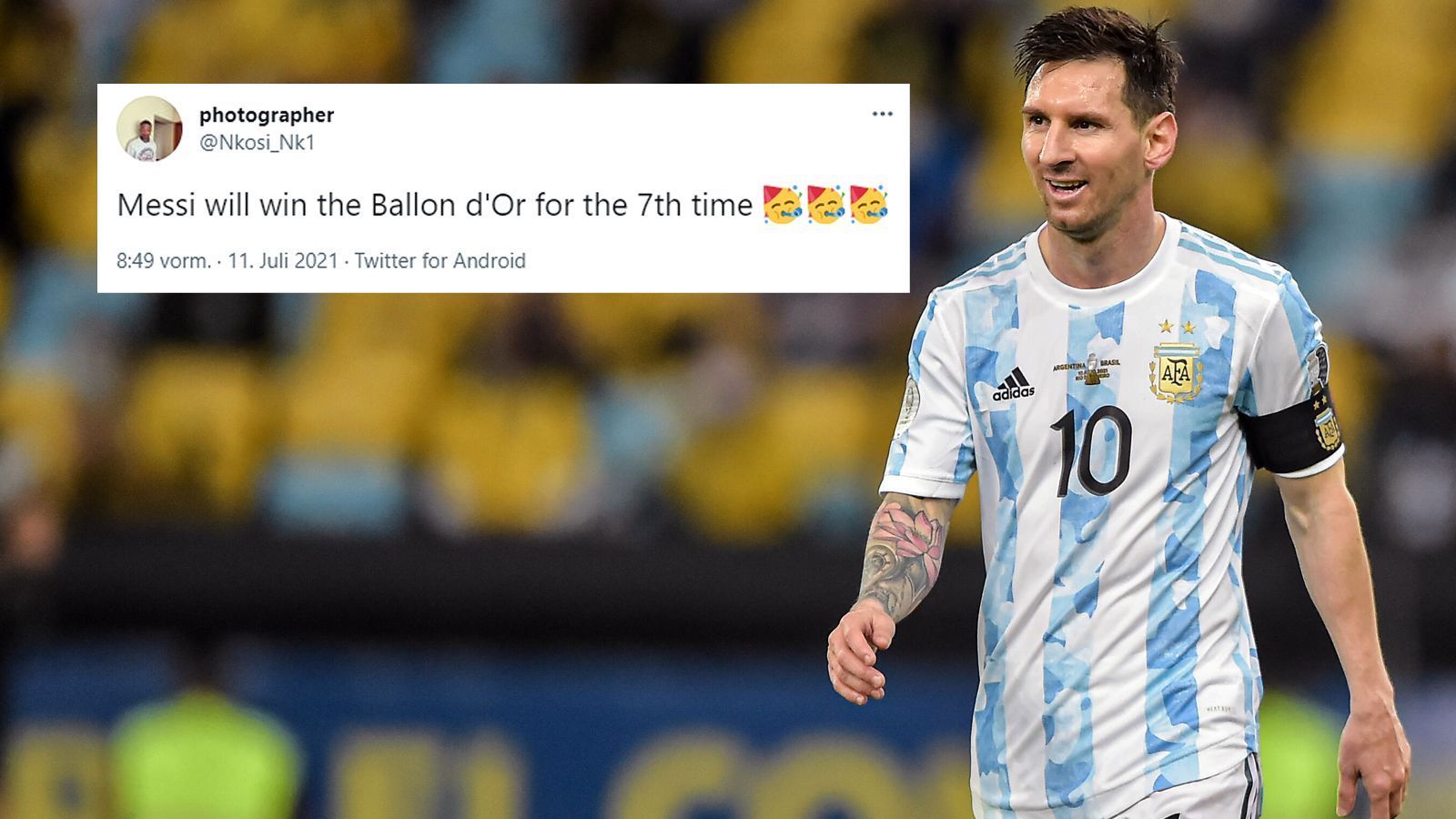 
                <strong>Nächster Ballon d'Or nach dem Copa-Triumph?</strong><br>
                Durch den Sieg Argentiniens bei der Copa America 2021 hat Messi nun möglicherweise wirklich gute Chancen, bei der nächsten Wahl zum Ballon d'Or seinen siebten Titel abzuräumen. Sein großer Rivale Cristiano Ronaldo (Juventus Turin) hat bislang fünf Mal die Weltfußballer-Wahl gewonnen. 
              