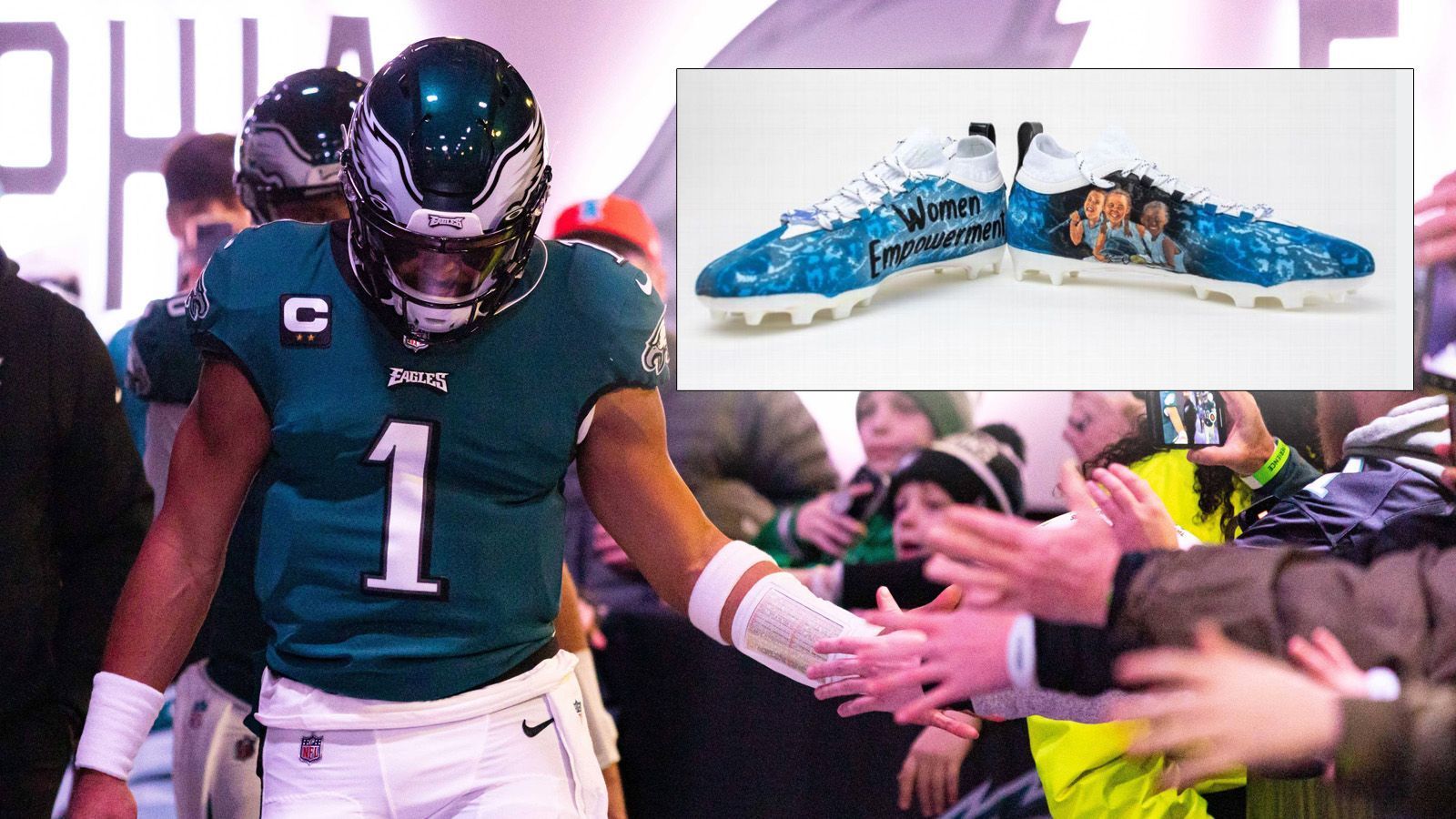 
                <strong>Jalen Hurts</strong><br>
                Eagles-Quarterback Jalen Hurts möchte mit dem Design seiner Schuhe Frauen im Sport und darüber hinaus unterstützen. "Women Empowerment" steht auf den Cleats und beziehen sich auf die von Billie Jean King gegründete "Women's Sport Foundation". Fields sei auch inspiriert von allen weiblichen Vorbildern in seinem Leben: "Ich halte es für sehr wichtig, meine Unterstützung zu zeigen und einen Beitrag zur Gleichstellung von Frauen im Sport und von Frauen in der ganzen Welt zu leisten."
              