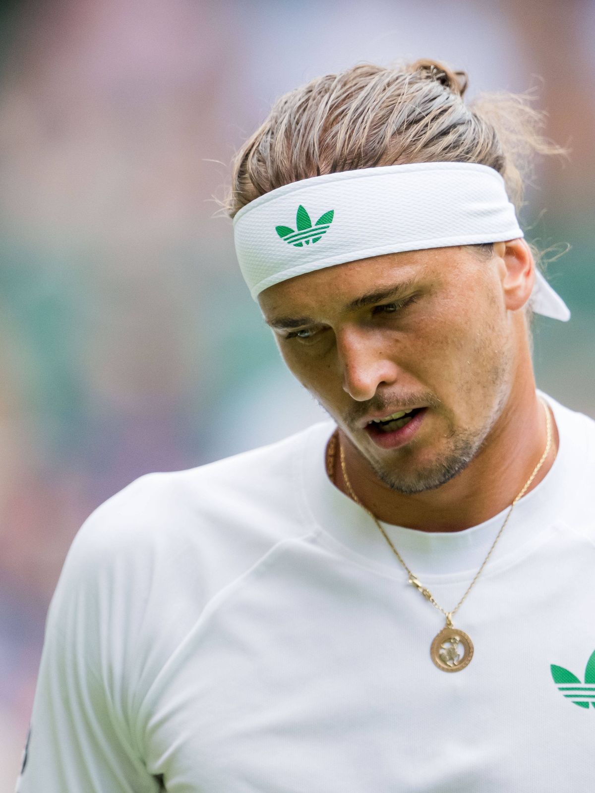 250701 Alexander Zverev of Germany looks dejected in a first round singles tennis match during day 2 of Wimbledon on July 1, 2025 in London. Photo: Petter Arvidson BILDBYRAN kod PA PA1045 tennis wi...