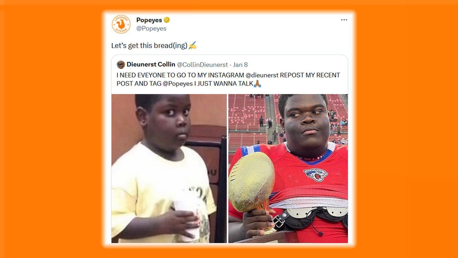 
                <strong>Popeyes springt auf Vorschlag an</strong><br>
                Plötzlich ging alles ganz schnell. Popeyes antwortete über den Twitter-Account der Fast-Food-Kette drei Tage später und kündigte einen zukünftigen Deal an. "Let's get this bread(ing)", schrieb das Unternehmen und setzte dahinter ein Emoji, das eine Unterschrift symbolisieren soll.
              