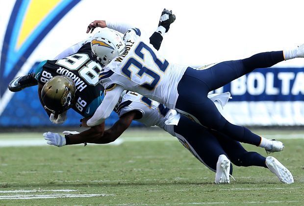 
                <strong>San Diego Chargers - Jacksonville Jaguars</strong><br>
                Eric Weddle und Clay Harbor sorgen für spektakuläre Szenen. Am Ende fangen die Chargers die Jaguars locker ein. Nach einem 10:14-Rückstand dreht San Diego groß auf: 33:14.
              