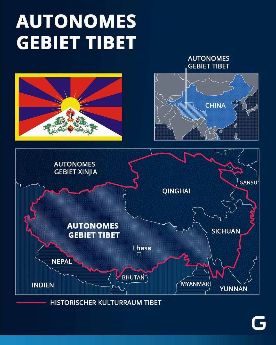 Hier liegt das Autonome Gebiet Tibet und der Kulturraum Tibet auf der Landkarte. 