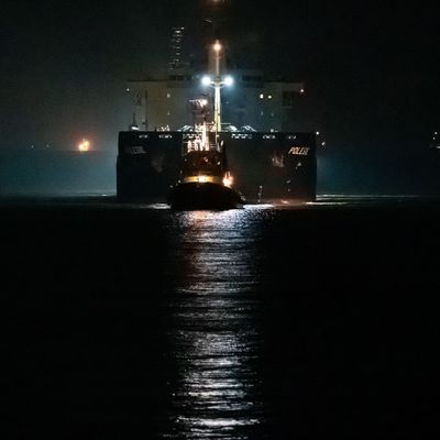 Das beschädigte Frachtschiff "Polesie" wird in der Nacht von zwei Schleppern in der Elbmündung nach Cuxhaven geleitet.