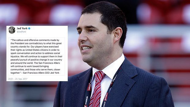 
                <strong>Jed York (CEO San Francisco 49ers)</strong><br>
                49ers-CEO Jed York nannte Trumps Aussagen "herzlos" und verteidigte seine Spieler. "Unsere Spieler haben ihre Rechte als Bürger der Vereinigten Staaten von Amerika wahrgenommen, um soziale Ungerechtigkeit anzusprechen. Wir werden sie weiterhin in ihrer friedlichen Bewegung unterstützen." 
              