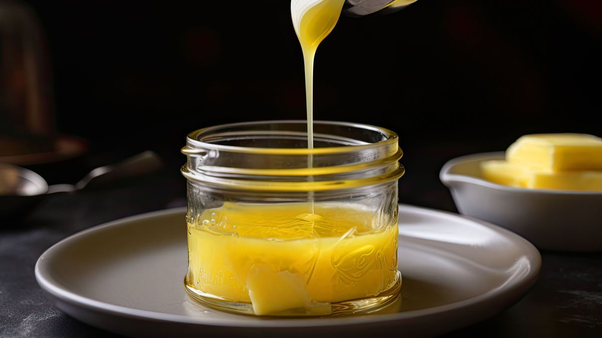 Die flüssige Butter kann auch in ein altes Glas gefüllt werden.