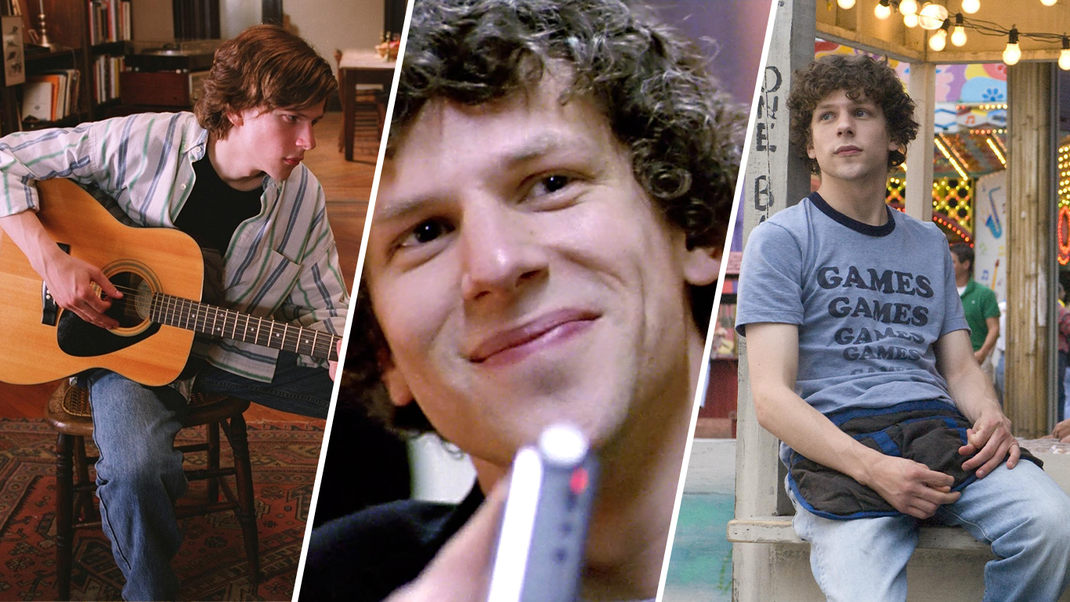 Jesse Eisenberg in seinen Filmen "Der Tintenfisch und der Wal", "The End Of The Tour" und "Adventureland".