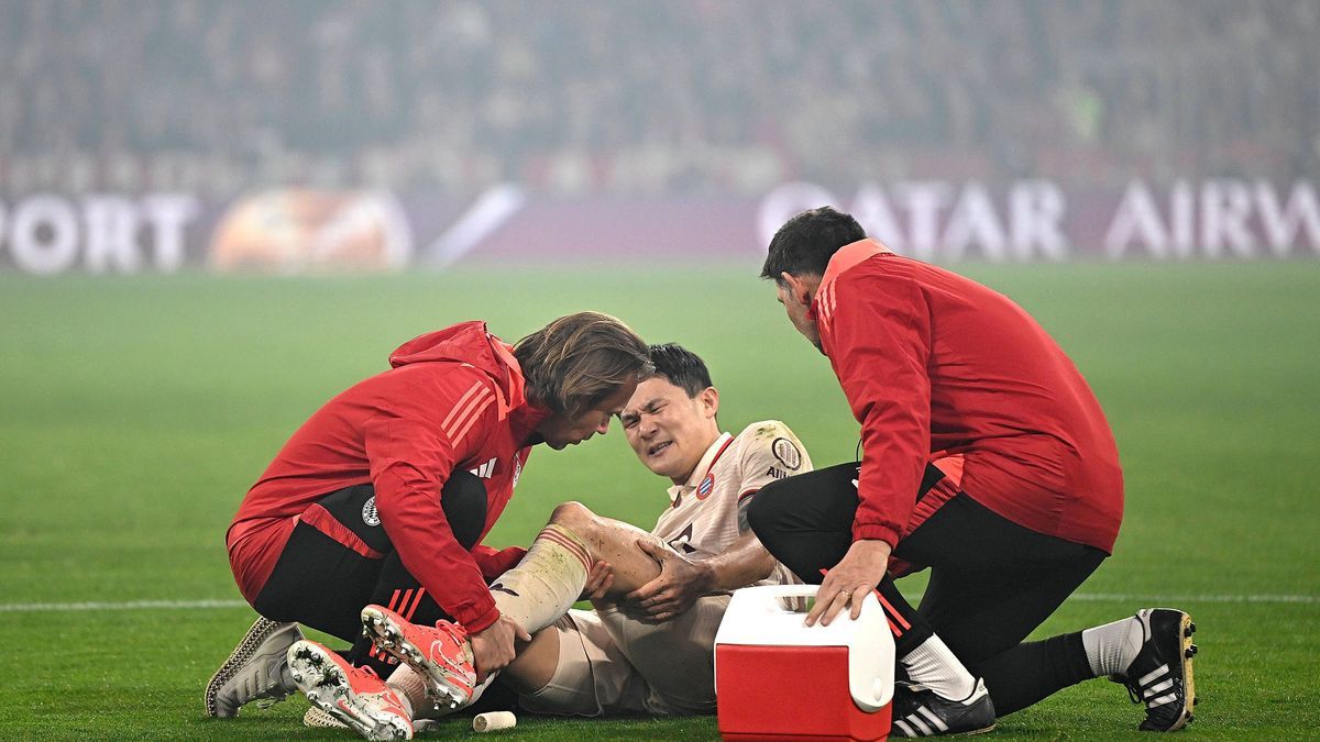 05.03.2025, Fussball UEFA Champions League 2024 2025: Achtelfinale, FC Bayern München - Bayer 04 Leverkusen, in der Allianz-Arena München. Minjae Kim (Bayern München) muss behandelt werden ***DFL a...