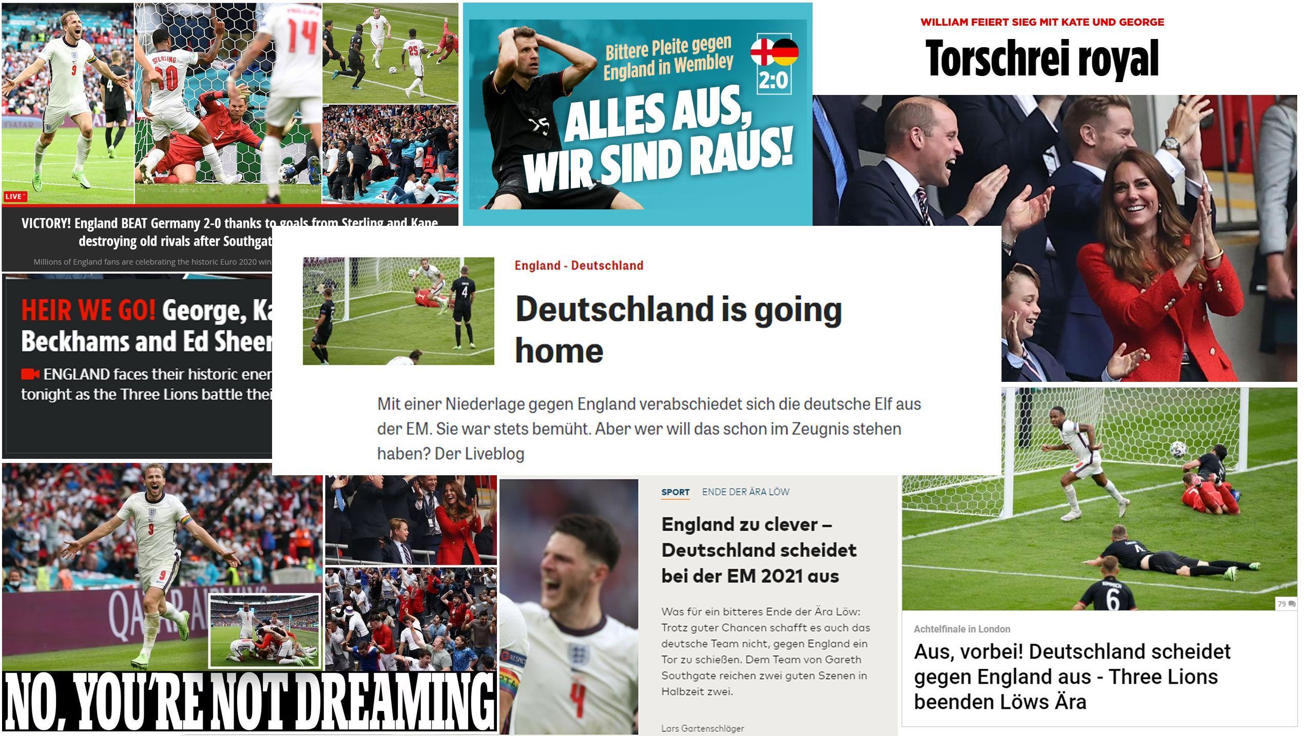 
                <strong>"Football is coming home", "Deutschland is going home" - Die Pressestimmen nach dem Achtelfinale</strong><br>
                Nachdem historischen Achtelfinal-Sieg der "Three Lions" im Wembley-Stadion, ist die internationale Presse in Höchstform. ran.de zeigt euch eine Auswahl der besten Pressestimmen nach der prestigeträchtigen Partie gegen Deutschland.
              