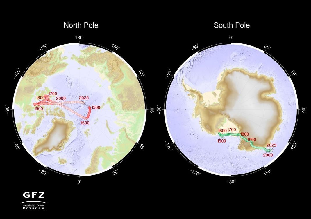 Wie sich der magnetische Nord- und Südpol seit 1500 verschoben hat, siehst du auf der Karte des Helmholtz Zentrums.