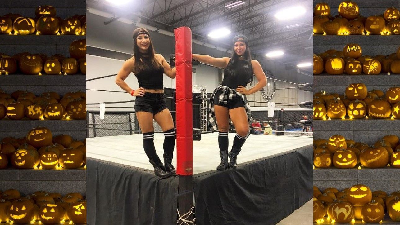 
                <strong>Tecia Torres</strong><br>
                Tecia Torres (l.) wechselte für Halloween zur WWE - als eine Hälfte der Bella Twins.
              