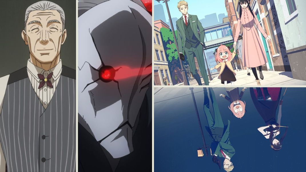 Yoshimura aus "Tokyo Ghoul" in seiner menschlichen Form und als Ghul "Eule" und die Familie Forger aus  "Spy x Family"