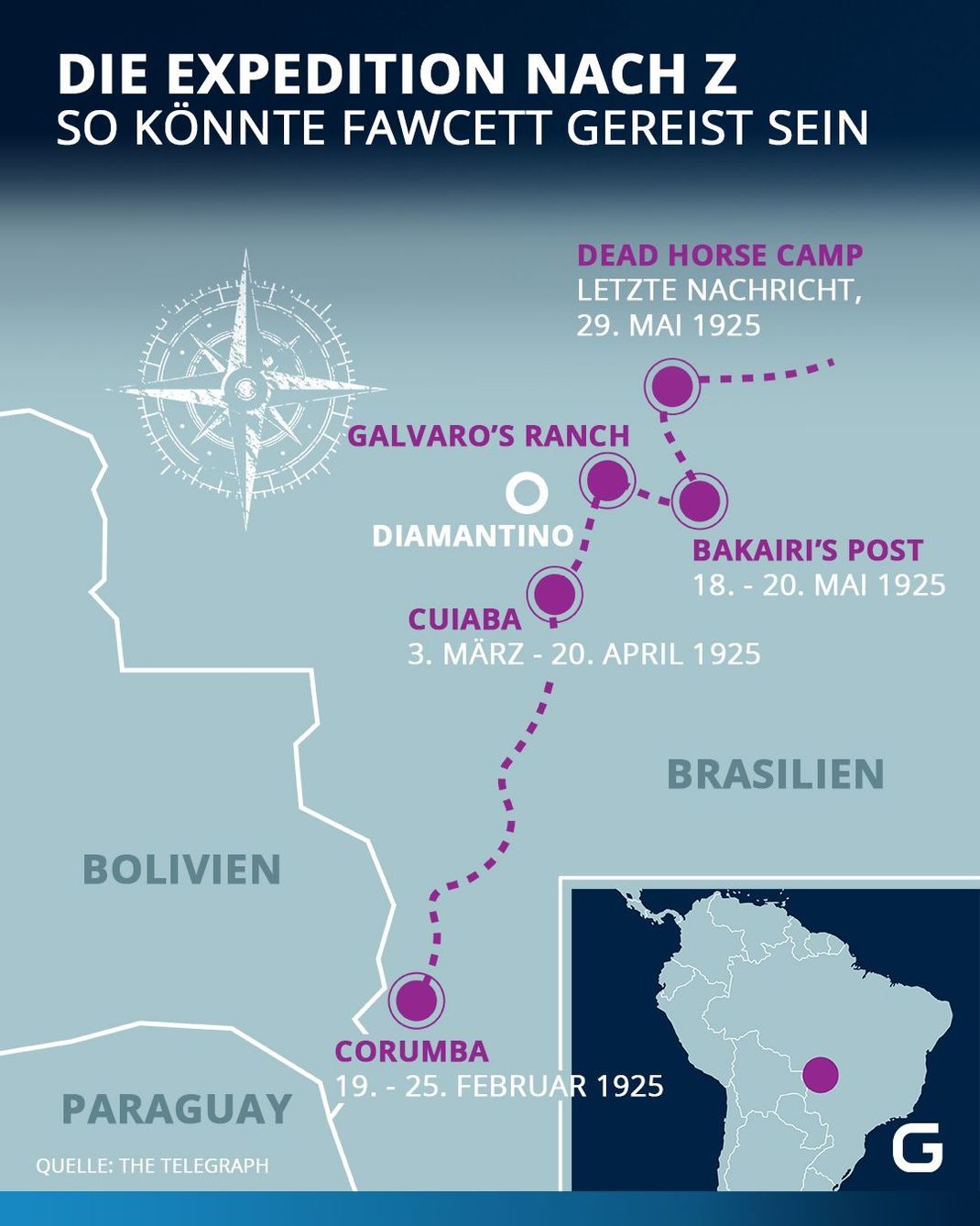 Die Karte zeigt die Route auf Fawcetts letzter Reise - die Expedition nach Z.