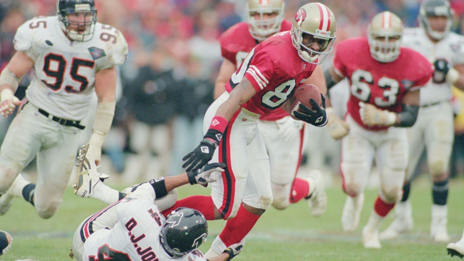 
                <strong>Die meisten Receiving Touchdowns</strong><br>
                Drei Spieler (u.a. Jerry Rice, Wide Receiver der San Francisco 49ers) mit fünf - 14. Oktober 1990 vs. Atlanta Falcons
              