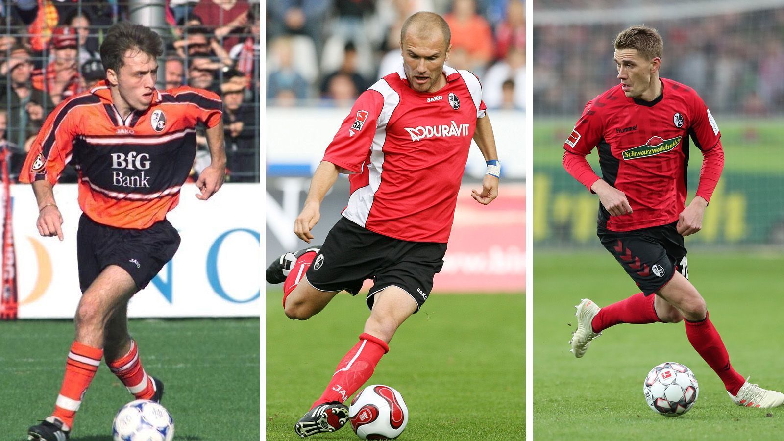 
                <strong>SC Freiburg</strong><br>
                In der Saison 2000/01 kam das Freiburger Trikot von Iashvilli und Co. (li.) noch etwas blass daher, dabei lief es in der Bundesliga in dieser Saison richtig gut: Am Ende führte Trainerlegende Volker Finke die Südbadener auf Platz sechs. Beim Aufstieg in der Saison 2007/08 war das Trikot, hier von Iviva Banovic (Mitte), in knalligerem Rot gehalten und der SC als Zweitliga-Meister zurück im Bundesliga-Oberhaus. Nils Petersen ist aktuell mit dem SCF dabei, erneut den von vielen nicht für möglich gehaltenen Klassenerhalt zu schaffen - mit der Freiburger Lokalmolkerei "Schwarzwaldmilch" als Hauptsponsor auf der Brust.
              