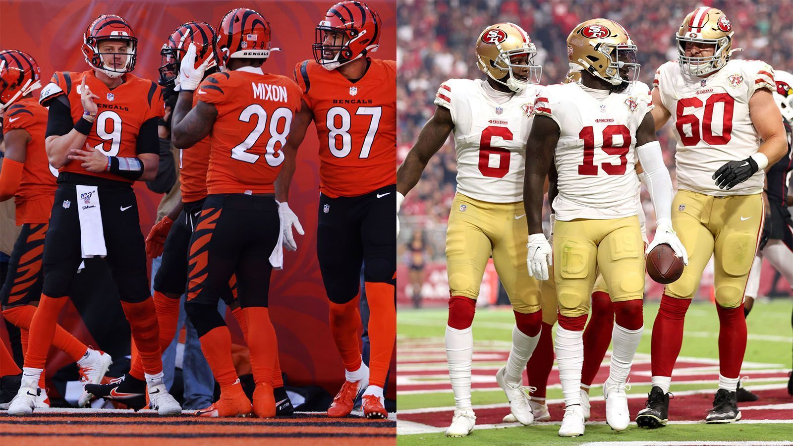 
                <strong>In the Hunt - Teams in Lauerstellung</strong><br>
                Neben den acht Division-Leadern können sich noch zahlreiche andere Teams Chancen auf die Playoffs ausrechnen. Mit den Los Angeles Rams (7-4) in der NFC und den Buffalo Bills sowie Cincinnati Bengals (li., beide 7-4) in der AFC gibt es mehrere Mannschaften, die auf Augenhöhe zu den Spitzenreitern liegen. Doch auch Teams wie die San Francisco 49ers (re., 6-5), die Indianapolis Colts (6-6) und das Washington Football Team (5-6), die zuletzt immer besser in Fahrt kamen, dürfen nicht aus dem Kampf um die Spitzenplätze im Playoff Picture ausgeklammert werden. So oder so werden die verbleibenden sechs Spieltage an Spannung kaum zu überbieten sein.
              