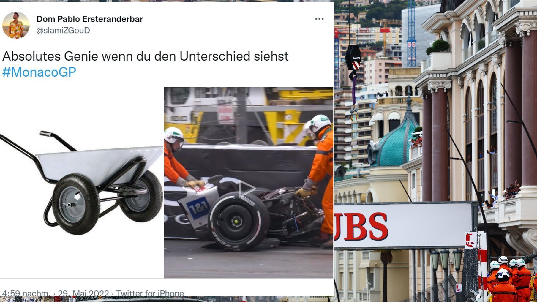 
                <strong>So reagiert das Netz auf den Monaco-GP</strong><br>
                User "slamiZGouD" zieht einen gewagten Schubkarren-Vergleich mit dem Boliden von Mick Schumacher.
              