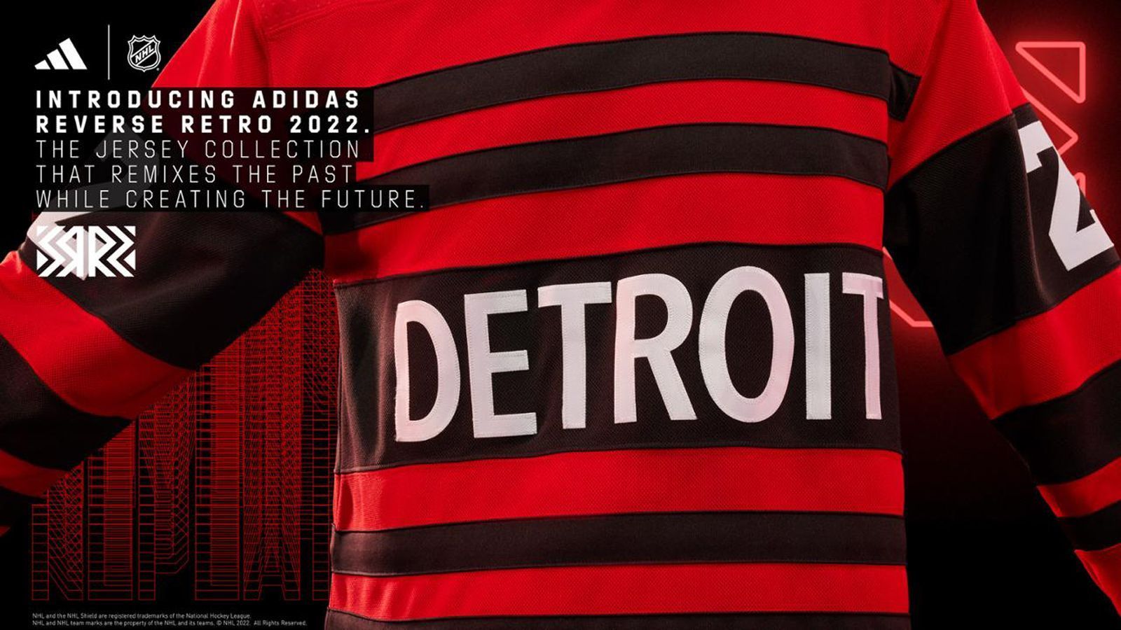 
                <strong>Detroit Red Wings</strong><br>
                Neu bei den Trikots der Red Wings ist ein schwarzer Akzent, der sich entlang des Trikots, der Hose, der Stutzen, der Handschuhe und des Helms zieht und für einen nahtlosen Look sorgt. Dieses Trikot ist eine Hommage an Detroits 75-jähriges NHL-Jubiläum im Jahr 1991 mit einer "DETROIT"-Wortmarke, die vom Trikot der Detroit Cougars von 1920 inspiriert ist.
              