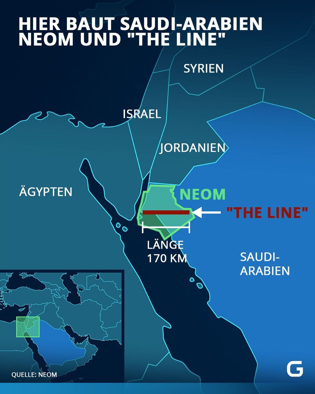 Die Lage des Großprojektes Neom und der Spiegel-Stadt „The Line“ in Saudi-Arabien.
