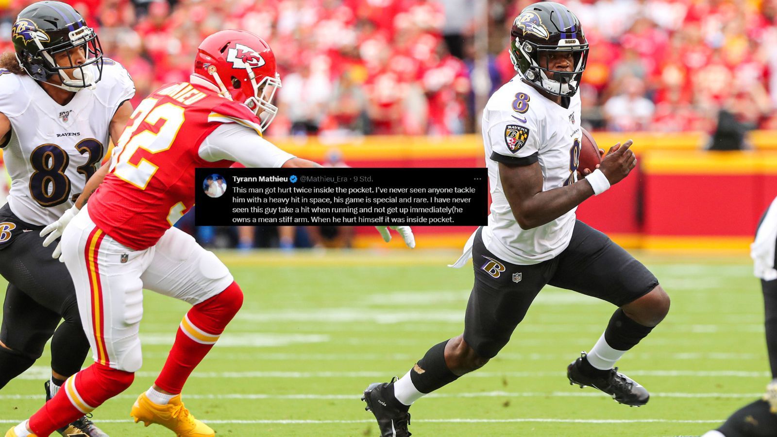 
                <strong>Tyrann Mathieu verteidigt Lamar Jackson</strong><br>
                Tyrann Mathieu ist bekannt dafür, seine Kollegen und Konkurrenten auf Twitter gegen Kritik zu verteidigen. Diesmal stellte er sich vor Lamar Jackson. Nachdem Arthur Blank, Besitzer der Atlanta Falcons, Jacksons physischen und laufintensiven Spielstil in Frage stellte und diesen in Verbindung mit seinen Verletzungen brachte, platzte Mathieu der Kragen. "Verletzt hat er sich zwei Mal und zwar in der Pocket. Ich habe noch nie gesehen, dass er im offenen Feld hart getroffen wurde, sein Spielstil ist selten und einzigartig. Wenn er einen harten Hit kassiert, dann steht er sofort wieder auf. Einen miesen Stiff Arm hat er auch noch. Also wenn er sich weh getan hat, dann immer nur in der Pocket."
              