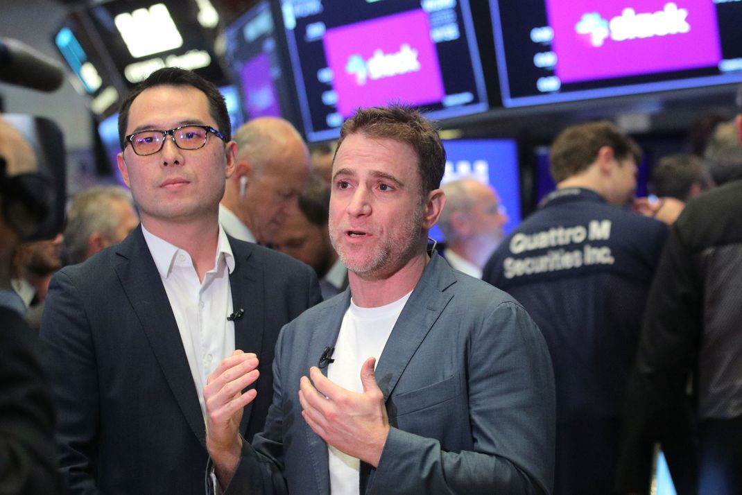 Der frühere Slack-Chef Stewart Butterfield (rechts) an der New Yorker Börse im Jahr 2019.  