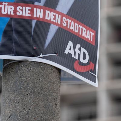  Ein Wahlplakat der AfD zur Kommunalwahl hängt vor einem Neubaublock in Halle/Saale.