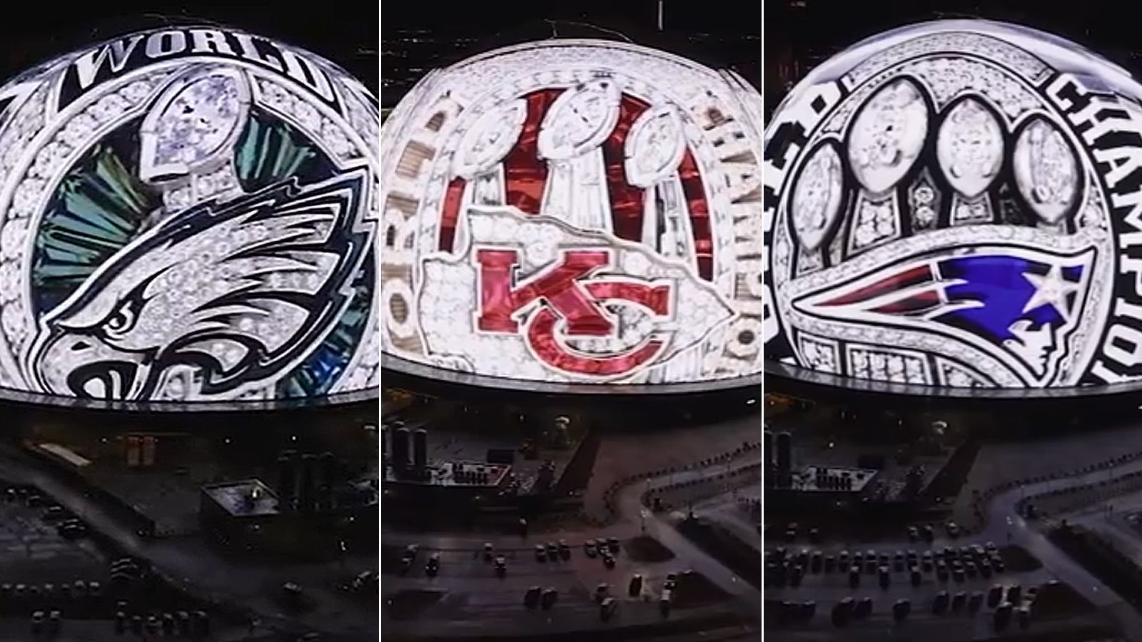 <strong>The Sphere in Las Vegas präsentiert sich in Form der Super-Bowl-Ringe seit 1967</strong><br>Vor dem Super Bowl zwischen den Kansas City Chiefs und den San Francisco 49ers werden an der Fassade der Merkzweckhalle Vegas Sphere die jeweiligen Super-Bowl-Ringe seit 1967 präsentiert. <em><strong>ran</strong></em> zeigt sie.