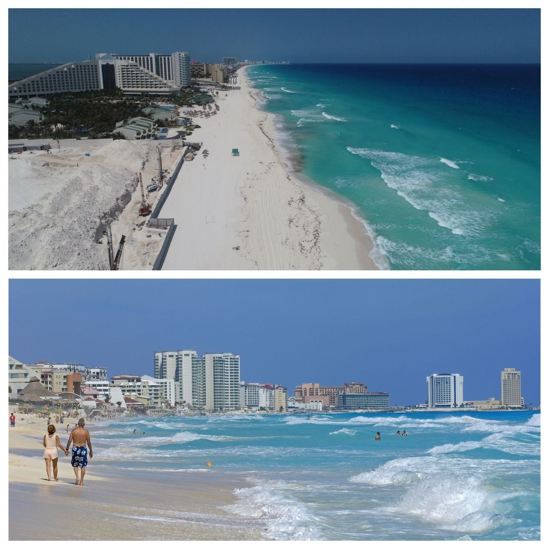 Das Luftbild oben zeigt einen leeren Strand in Cancún. Wann sich die Menschen hier wohl wieder in die Wellen stürzen?