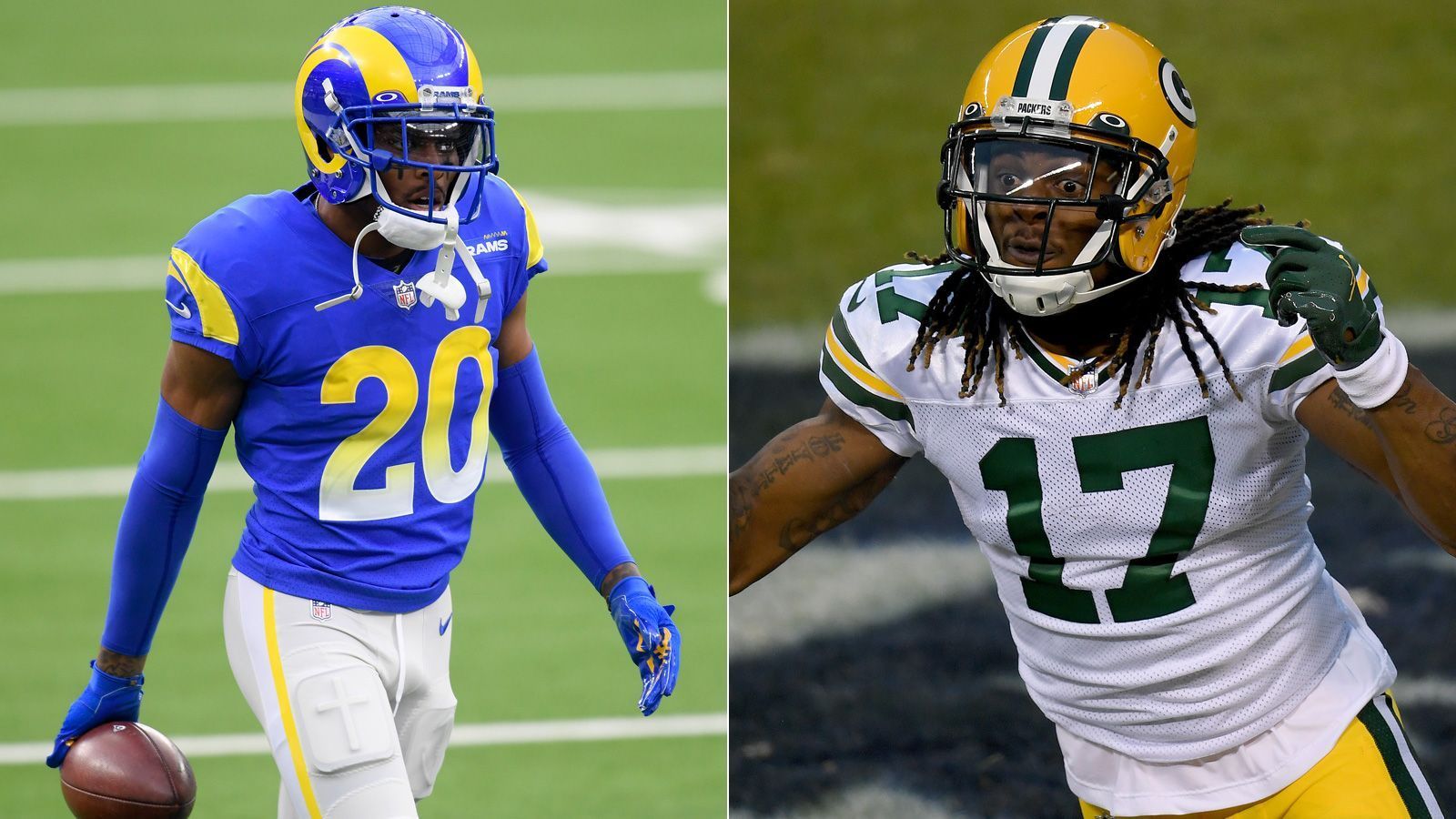 
                <strong>Rams at Packers: Jalen Ramsey vs. Davante Adams</strong><br>
                Das Duell Offense gegen Defense zeigt sich auch im nächsten Schlüsselduell. Wide Receiver Davante Adams ist das absolute Lieblingsziel von Aaron Rodgers, er bringt es auf 1.374 Receiving Yards und 18 Touchdowns. Sein Schattenmann wird am Samstag Jalen Ramsey sein, einer der besten und selbstbewusstesten Cornerbacks der NFL. Zuletzt nahm er Seahawks-Receiver DK Metcalf aus dem Spiel, davor zum Abschluss der Regular Season Arizonas DeAndre Hopkins. Sollte Ramsey auch Adams neutralisieren können, wäre der Packers-Offense eine zentrale Waffe genommen.
              