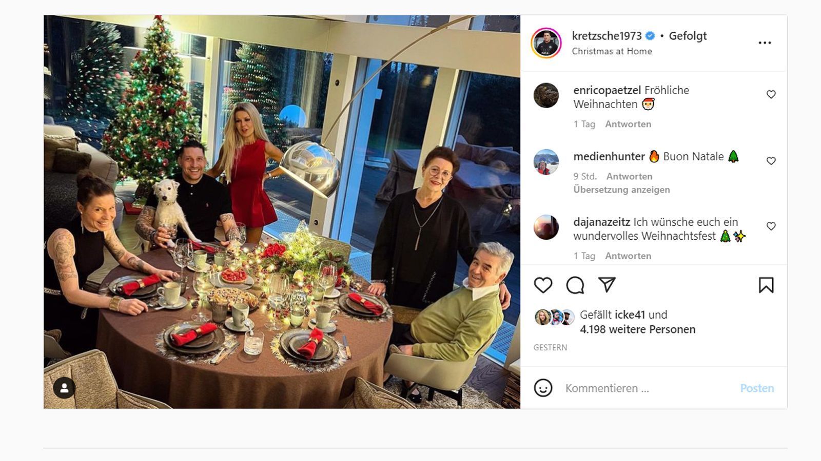 
                <strong>Stefan Kretzschmar (ehem. deutscher Handball-Nationalspieler und Vorstand)</strong><br>
                Der ehemalige Handball-Nationalspieler Stefan Kretzschmar hat Weihnachten wohl seine ganze Familie zum Festessen eingeladen. Zu einem "Instagram"-Bild, dass ihn neben seiner Schwester Katharina (li.), seiner Frau Maria Linares (Mitte) und seinen Eltern Waltraud und Peter (re.) zeigt, schreibt der Sportvorstand von Handball-Bundesligist Füchse Berlin: "Happy X-Mas" - Fröhliche Weihnachten."
              