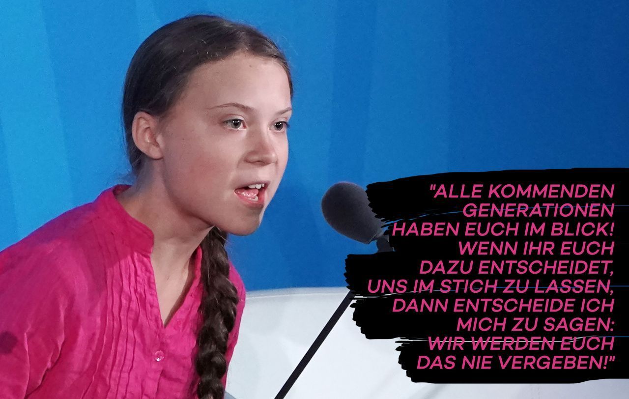 In ihrer Rede beim UN-Klimagipfel 2019 in New York macht Greta deutlich: Wenn sich jetzt nichts ändert, werden ihre und zukünftige Generationen dies ausbaden müssen.