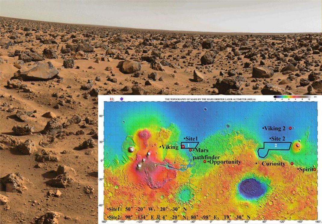 Der Rover ist in der weiten Ebene Utopia Planitia gelandet (umrandetes Gebiet 2). Vorteil: Da gibt es nur Geröll und wenig große Felsen, auf welche die Landefähre hätte stoßen können.