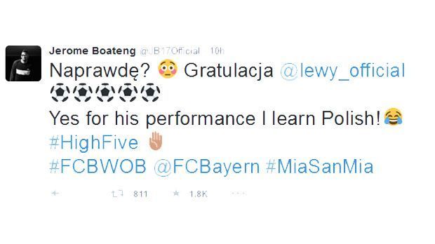 
                <strong>Jerome Boateng</strong><br>
                "Naprawde?" heißt auf Polnisch "Wirklich?". Jerome Boateng kündigt an, angesichts von Lewandowskis Leistung Polnisch zu lernen.
              