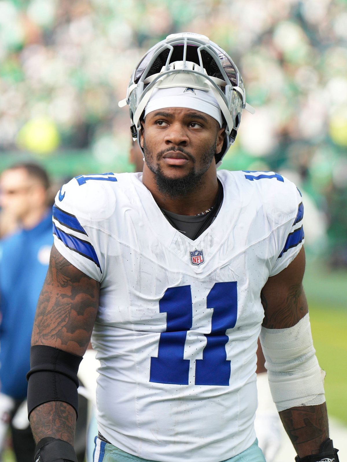 PHILADELPHIA, PA - DECEMBER 29: Dallas Cowboys linebacker Micah Parsons (11) looks on during the game between the Philadelphia Eagles and the Dallas Cowboys on December 29, 2024 at Lincoln Financia...