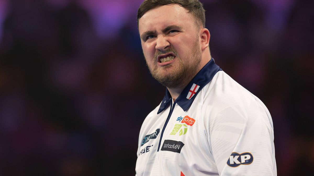World Cup of Darts 2025 Luke Littler England). PDC World Cup-Zweitrundenspiel zwischen England und Deutschland am 14. Juni 2025 in der Eissporthalle in Frankfurt am Main., Frankfurt am Main Hessen ...