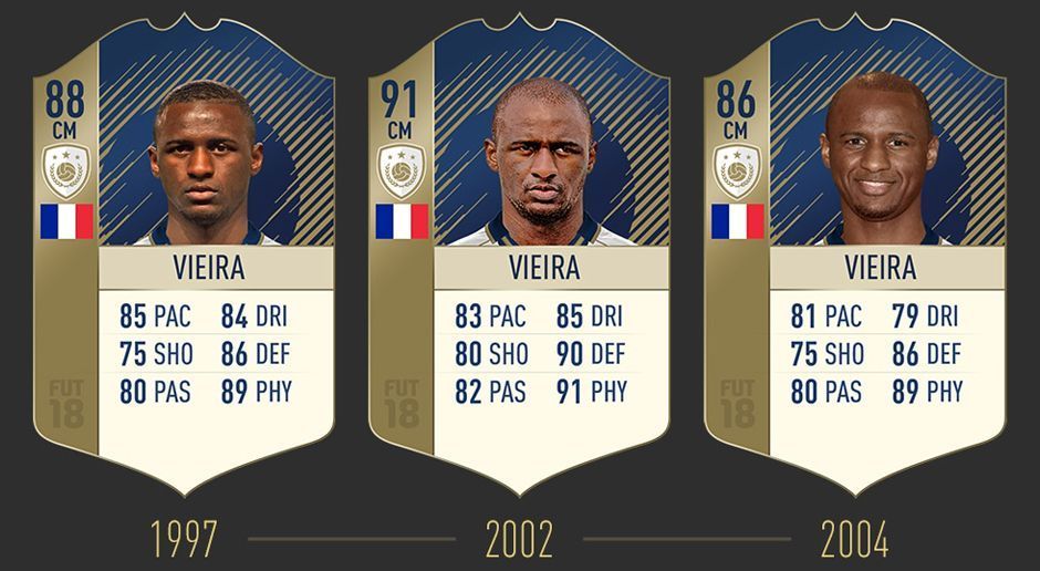 
                <strong>Patrick Vieira</strong><br>
                Vieira war in FIFA 17 ein gern gesehener Mittelfeldspieler und wird es auch in FIFA 18 sein. Mit seinen überragenden Allround-Werten findet der Franzose in jedem Team einen Platz.
              