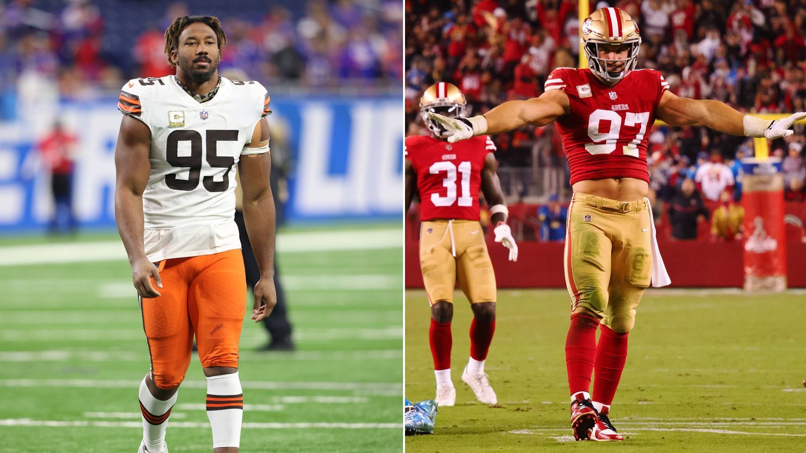 
                <strong>Defensive Ends mit den meisten Stimmen</strong><br>
                &#x2022; AFC: Myles Garrett, Cleveland Browns<br>&#x2022; NFC: Nick Bosa, San Francisco 49ers<br>
              