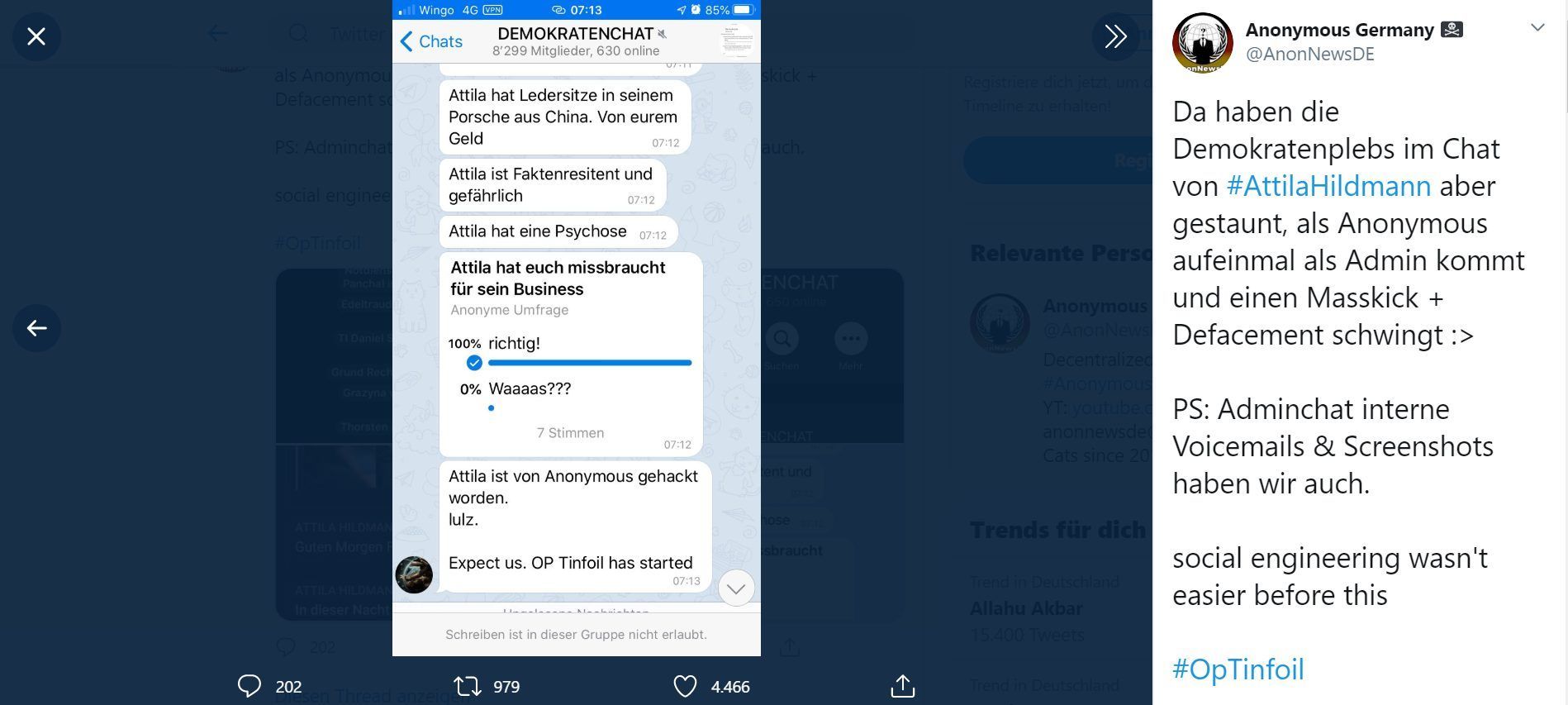 Anonymous Germany hackt die Telegram-Gruppe von Verschwörungs-Mystiker Attila Hildmann. Sie schmeißen Follower aus der Gruppe und offenbaren, wer die Gruppe leitet. Sie nennen es "Operation Tinfoil" (Operation Alufolie).