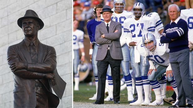 
                <strong>Tom Landry</strong><br>
                Tom Landry (Cowboys Stadium, Dallas): Tom Landry war Head Coach der Dallas Cowboys und gilt als Erfinder der 4-3-Defense, bei der vier Defensive-Line-Spieler und drei Linebacker aufgestellt werden. Während seiner Zeit bei den Cowboys verbesserte er diese Aufstellung immer weiter, sodass sein Team über Jahre die stärkste Defense der Liga stellte. 
              