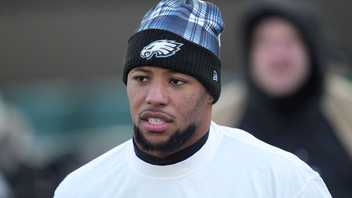 PHILADELPHIA, PA - JANUARY 05: Philadelphia Eagles running back Saquon Barkley (26) looks on during the game between the Philadelphia Eagles and the New York Giants on January 5, 2025 at Lincoln Fi...