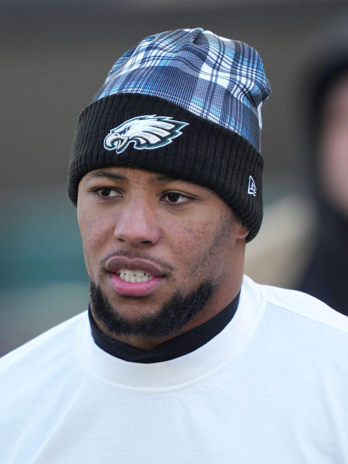 PHILADELPHIA, PA - JANUARY 05: Philadelphia Eagles running back Saquon Barkley (26) looks on during the game between the Philadelphia Eagles and the New York Giants on January 5, 2025 at Lincoln Fi...