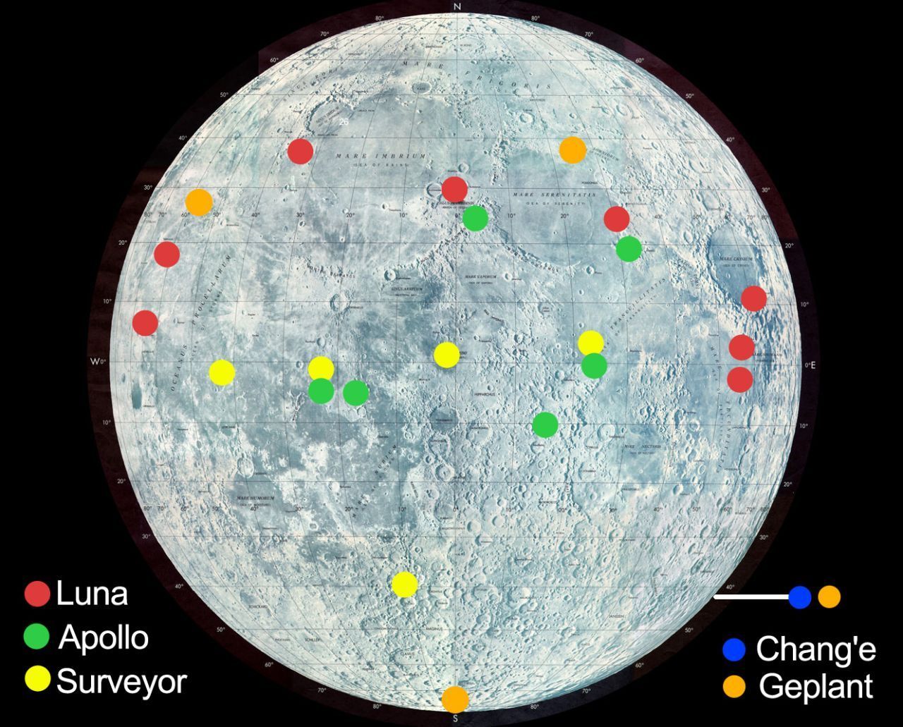 Häufiger bekam kein Himmelskörper Besuch: Mehr als 105 Missionen sind bereit zum Mond geflogen (hier nur gelandete Missionen). Noch nicht in der Karte: Die japanische SLIM-Sonde, die im Januar 2024 landete.