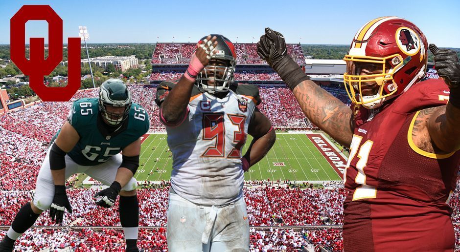 
                <strong>University of Oklahoma (OU)</strong><br>
                3 Spieler (von links nach rechts):Lane Johnson, OT, Philadelphia EaglesGerald McCoy, DT, Tampa Bay BuccaneersTrent Williams, OT, Washington Redskins
              