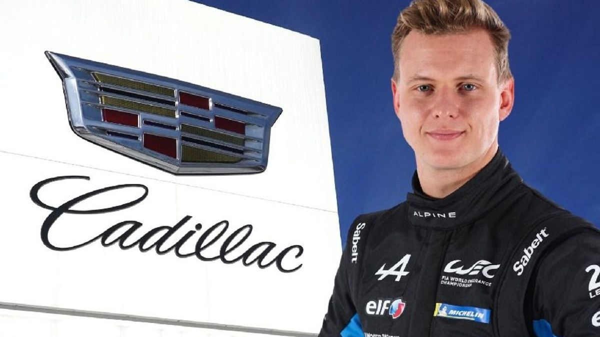 Mick Schumacher posiert vor einem Cadillac-Logo (Fotomontage)