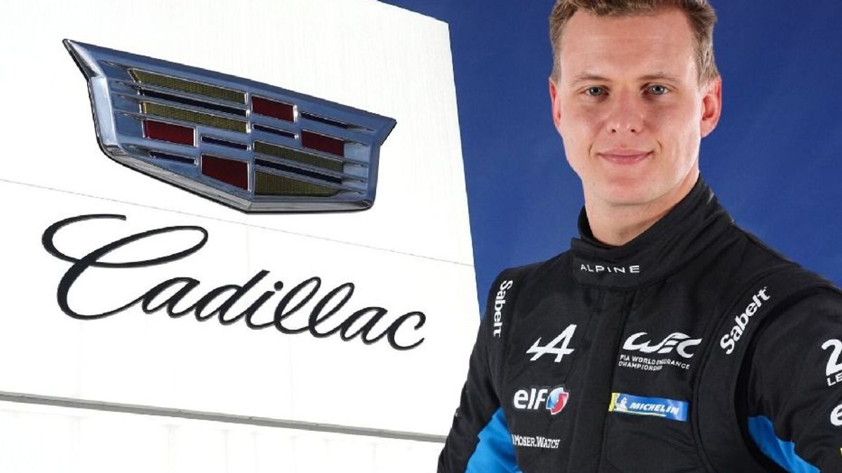 Mick Schumacher posiert vor einem Cadillac-Logo (Fotomontage)
