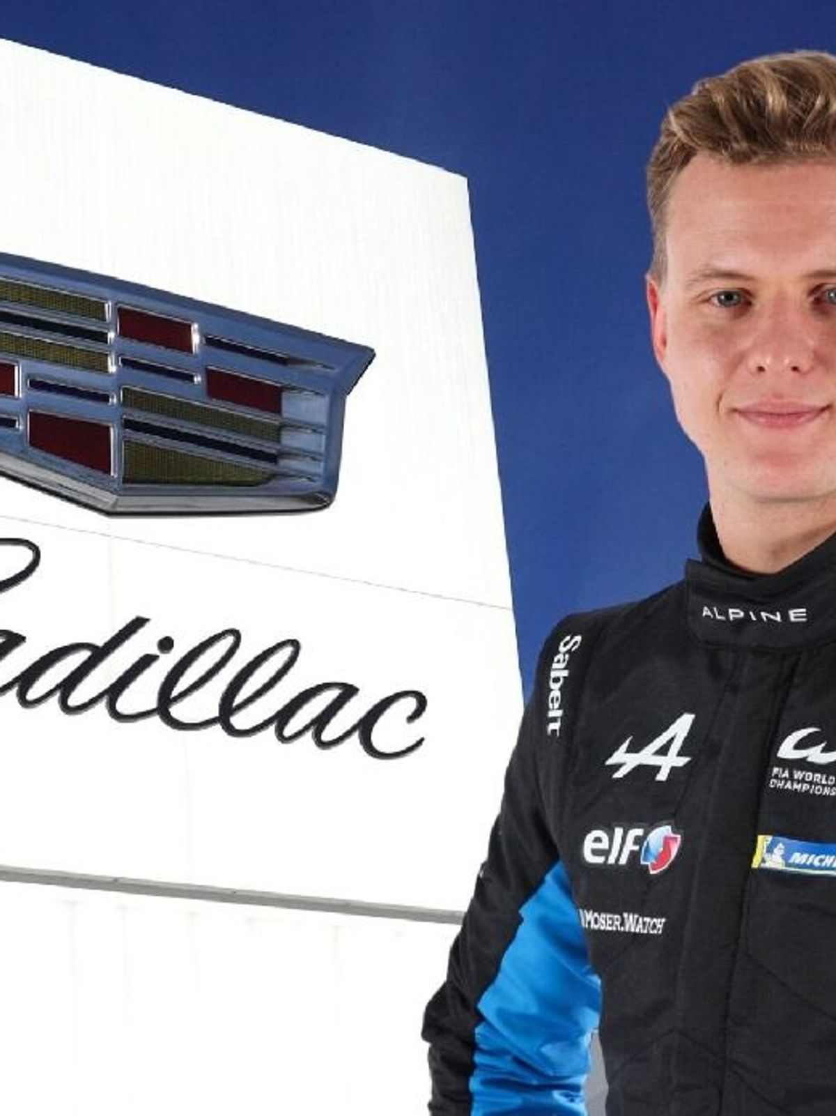 Mick Schumacher posiert vor einem Cadillac-Logo (Fotomontage)