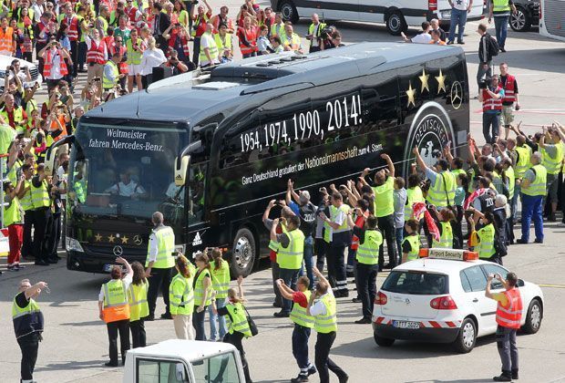 
                <strong>Vom Flugzeug in den Bus</strong><br>
                Die Spieler steigen vom Flugzeug in den Bus. Ringsherum werden sie von allen gefeiert.
              