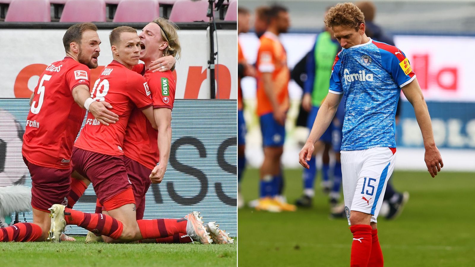 
                <strong>Mittwoch, 18:30 Uhr: Relegation Bundesliga Hinspiel</strong><br>
                Ein spätes Kopfballtor von Sebastiaan Bornauw gegen Schalke hat den 1. FC Köln gerade noch auf Relegationsplatz 16 gehievt. Holstein Kiel hatte derweil am 34. Spieltag der 2. Liga die Chance, aus eigener Kraft den Aufstieg klar zu machen, verlor dann aber mit 2:3 gegen Darmstadt. Nun treffen beide Teams in der Relegation aufeinander. Köln geht mit den Rückenwind von zwei ungeschlagenen Spielen ohne Gegentor in die Partie. Für Kiel hingegen wird es nach Corona-Quarantäne im April das bereits achte Spiel des Monats. Zum Vergleich: Für den FC ist das Relegations-Hinspiel erst das vierte Spiel im Mai.
              