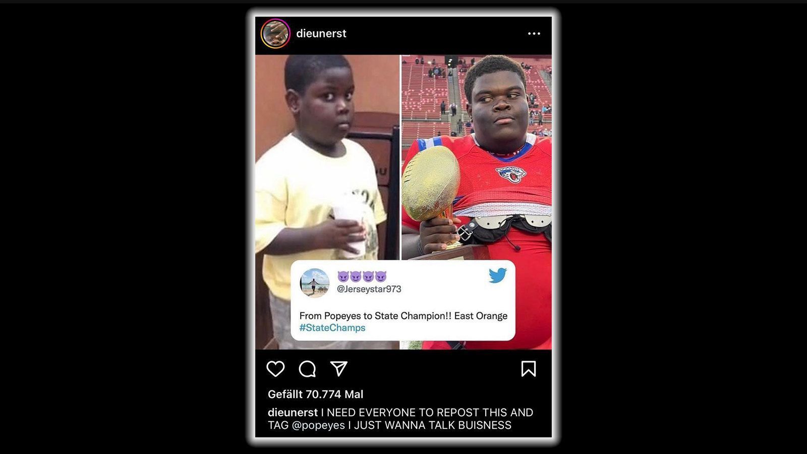 
                <strong>Collin fragt bei Popeyes nach</strong><br>
                Collin machte Anfang des Jahres über seine Social-Media-Accounts reinen Tisch und "outete" sich als Popeyes Meme Kid. Dabei versuchte er, so einen Deal mit der Fast-Food-Kette einzufädeln. "Jeder soll das hier reposten und @popeye markieren. Ich möchte über das Geschäft reden", schrieb Collin auf Instagram und Twitter in der Hoffnung, dass Popeyes darauf aufmerksam wird und einem möglichen Deal zustimmt. Erwähnenswert: Die ursprüngliche Idee kam gar nicht von Collin selbst, sondern einem gewissen Jim Weber, der über Twitter darauf aufmerksam machte, dass das Popeye Meme Kid plötzlich Football am College spielt.
              