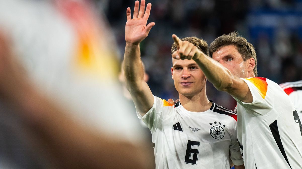 240614 Joshua Kimmich and Thomas Müller of Germany celebrate after the UEFA EURO, EM, Europameisterschaft,Fussball 2024 Football Championship match between Germany and Scotland on June 14, 2024 in ...